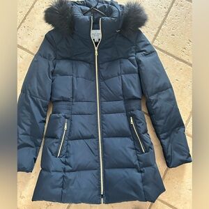 Cole Haan Dark Blue Puffer Coat with Faux Fur Trim
